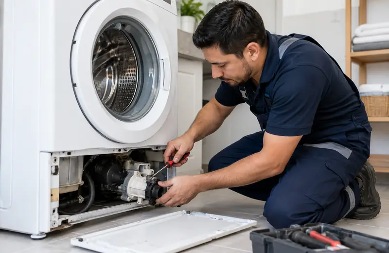 Técnico reparando una lavadora en un domicilio