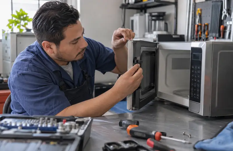 Técnico revisando el cierre de la puerta de un microondas