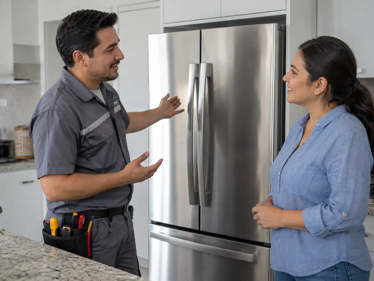 Técnico explicando la reparación de un refrigerador a una clienta