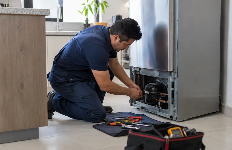Técnico reparando un refrigerador en una cocina
