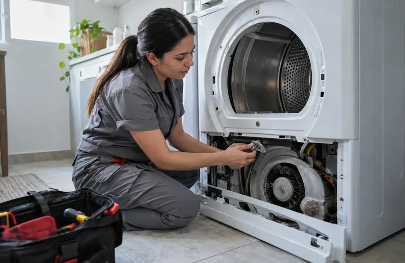 Técnica revisando una secadora abierta